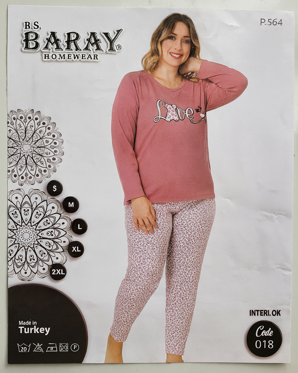 Pijama de Femei mânecă lungă BARAY – model “Love”, bumbac 90%, lycra 10% – Fabricată în Turcia