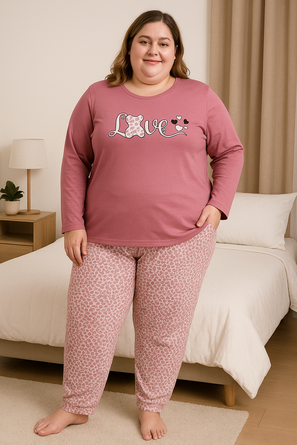Pijama de Femei mânecă lungă BARAY – model “Love”, bumbac 90%, lycra 10% – Fabricată în Turcia