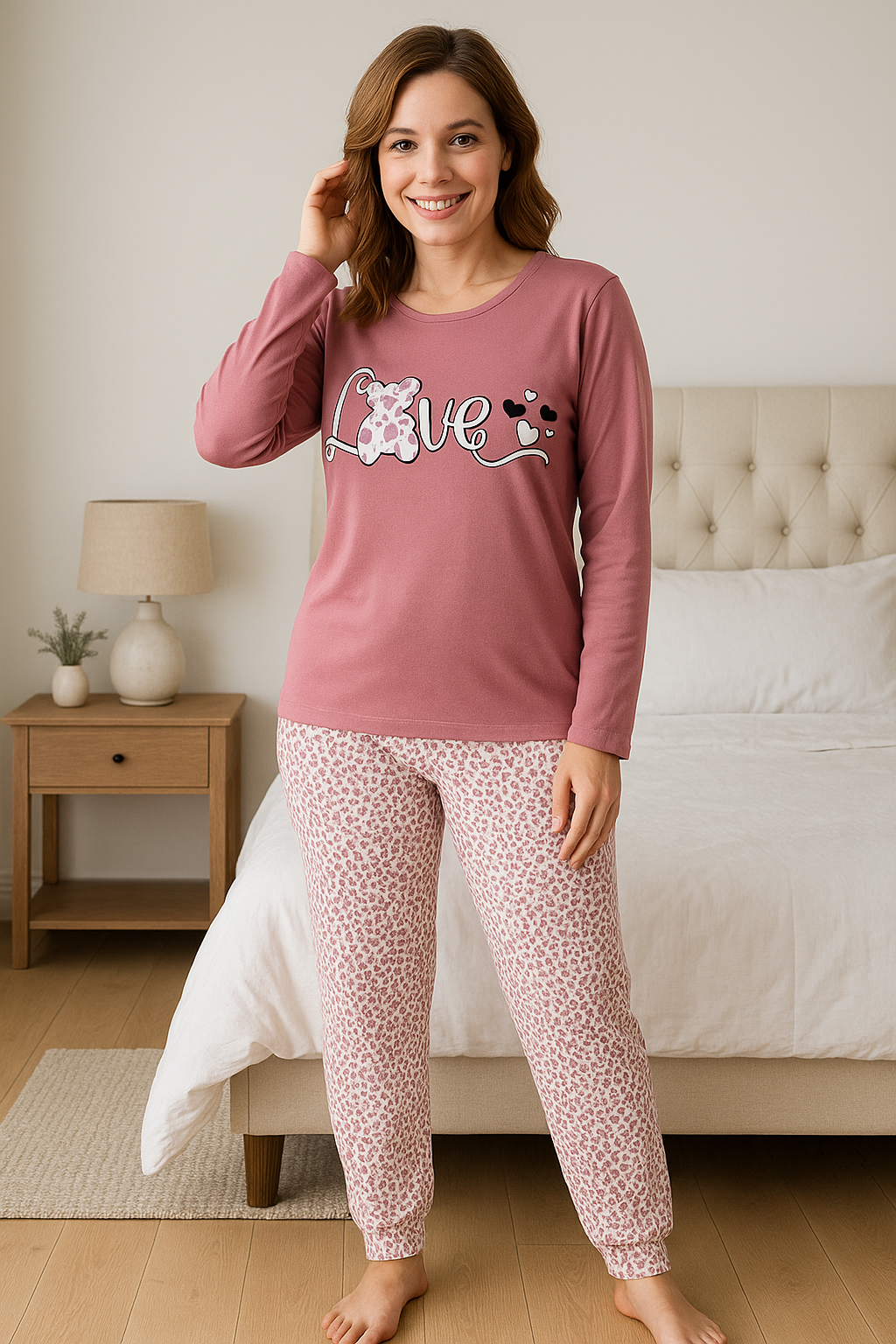 Pijama de Femei mânecă lungă BARAY – model “Love”, bumbac 90%, lycra 10% – Fabricată în Turcia