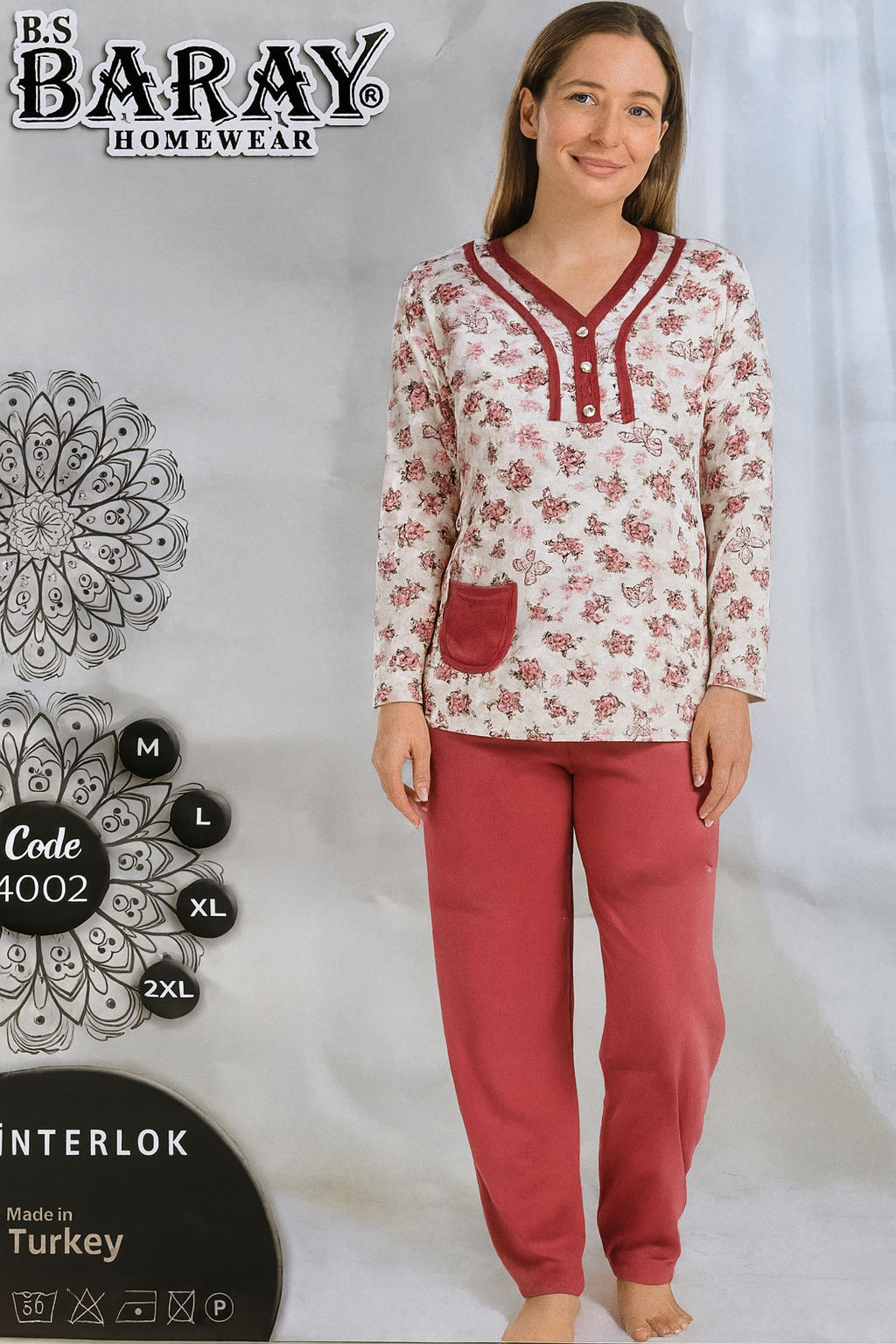 Pijama de Femei mânecă lungă BARAY – model “Love”, bumbac 90%, lycra 10% – Fabricată în Turcia