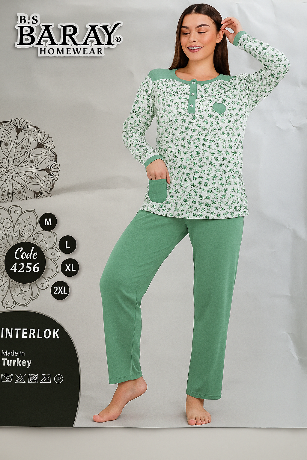 Pijama de Femei mânecă lungă BARAY – model “Love”, bumbac 90%, lycra 10% – Fabricată în Turcia