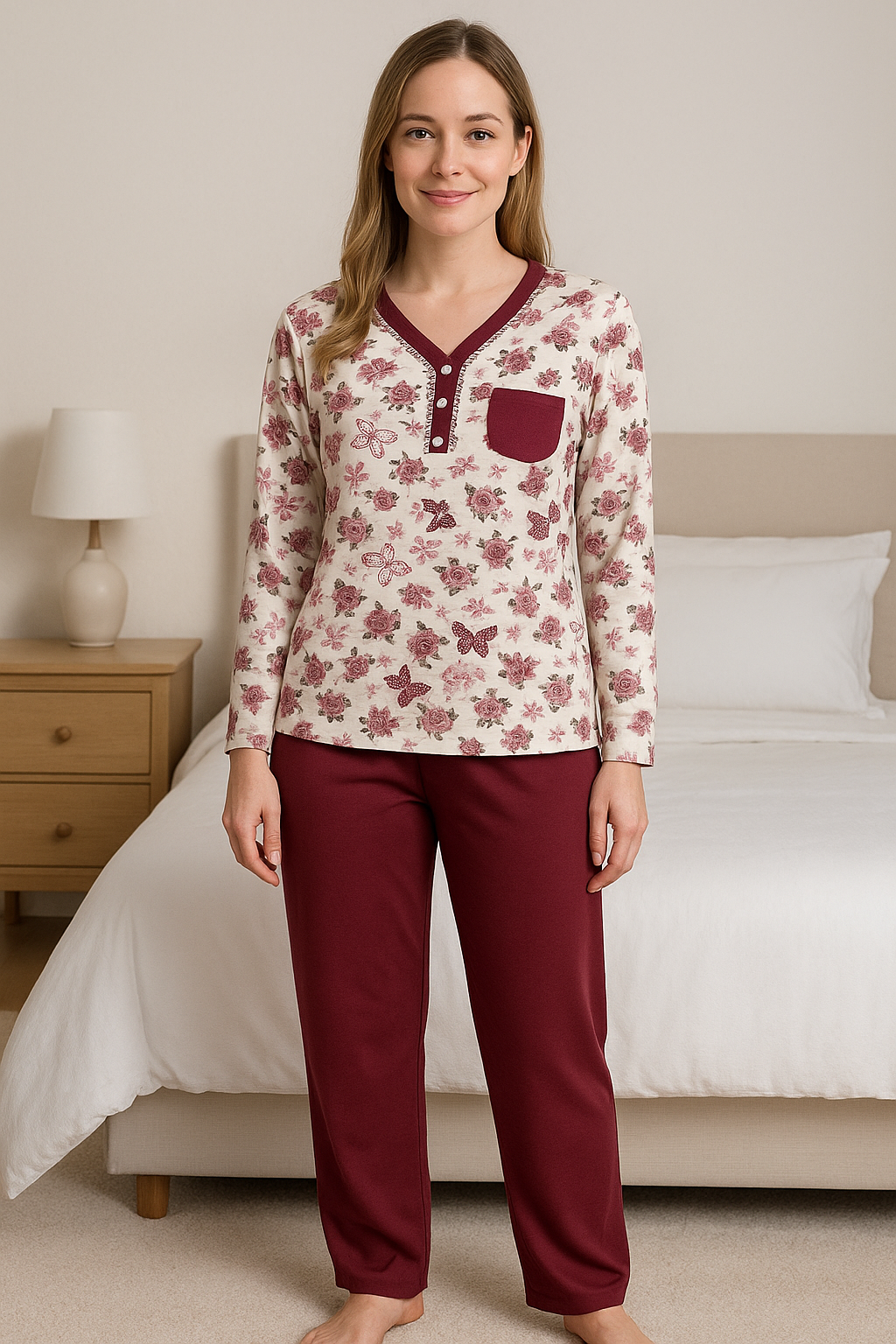 Pijama de Femei mânecă lungă BARAY – model “Love”, bumbac 90%, lycra 10% – Fabricată în Turcia